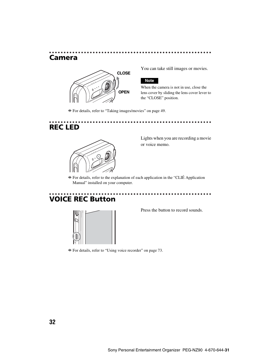 Camera, Rec led, Voice rec button | E 32), Age 32) | Sony PEG-NZ90 User Manual | Page 32 / 115