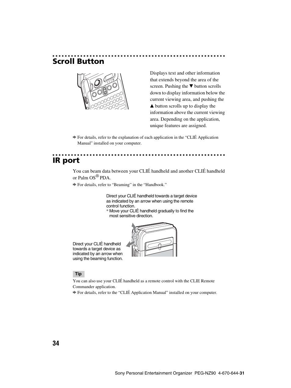 Scroll button, Ir port, E 34 | Sony PEG-NZ90 User Manual | Page 34 / 115