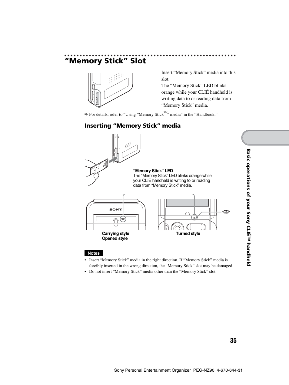 Memory stick” slot | Sony PEG-NZ90 User Manual | Page 35 / 115