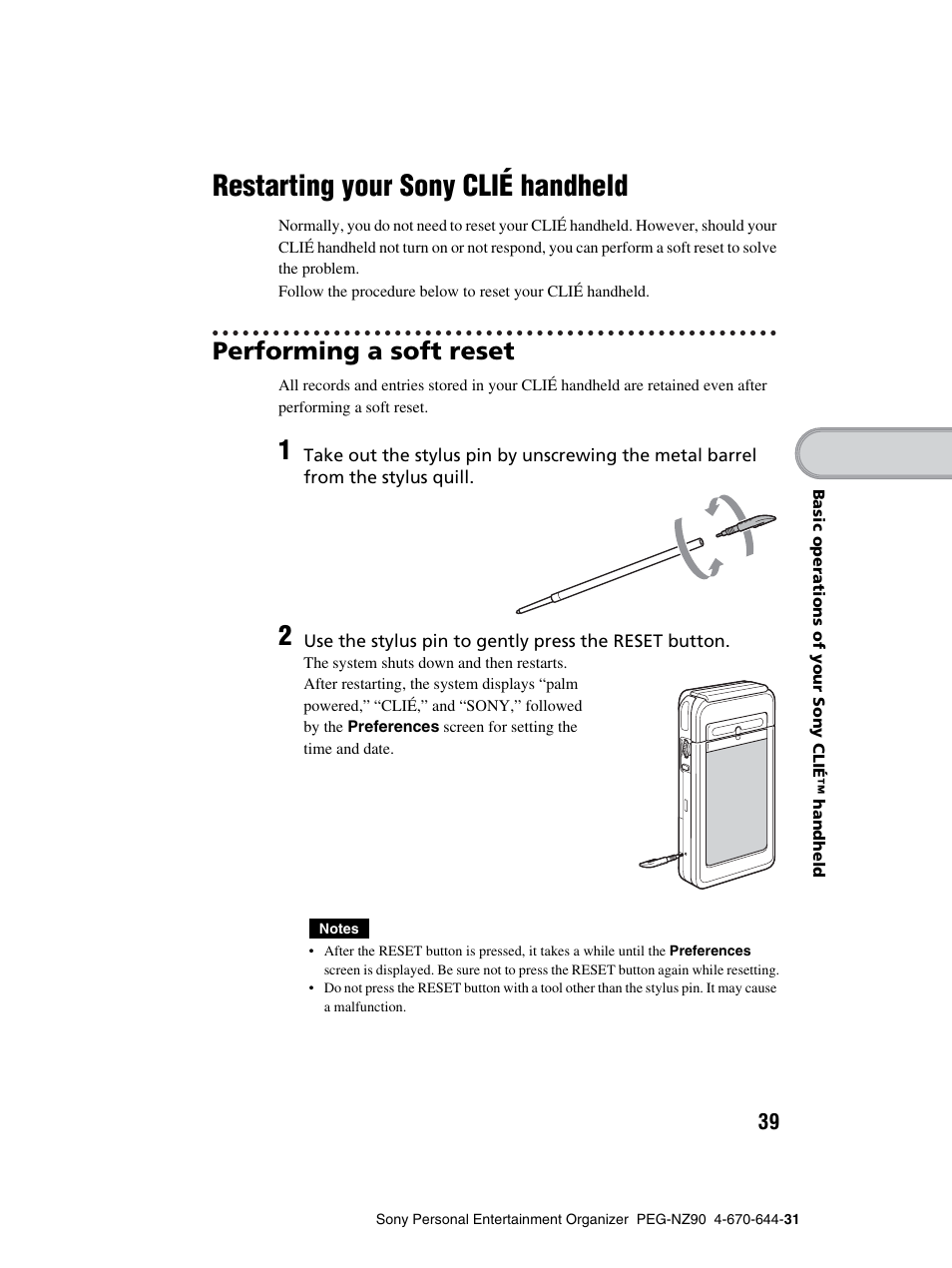 Restarting your sony clié handheld, Performing a soft reset, Restarting your sony clié handheld . 39 | Sony PEG-NZ90 User Manual | Page 39 / 115