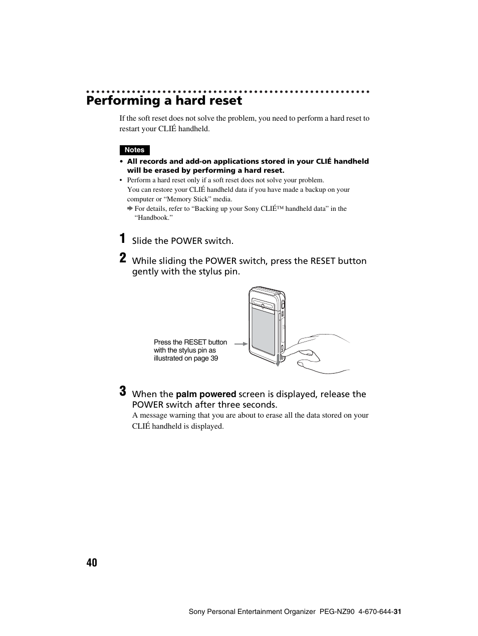 Performing a hard reset | Sony PEG-NZ90 User Manual | Page 40 / 115