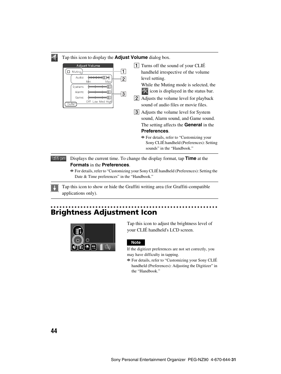 Brightness adjustment icon, E 44) | Sony PEG-NZ90 User Manual | Page 44 / 115