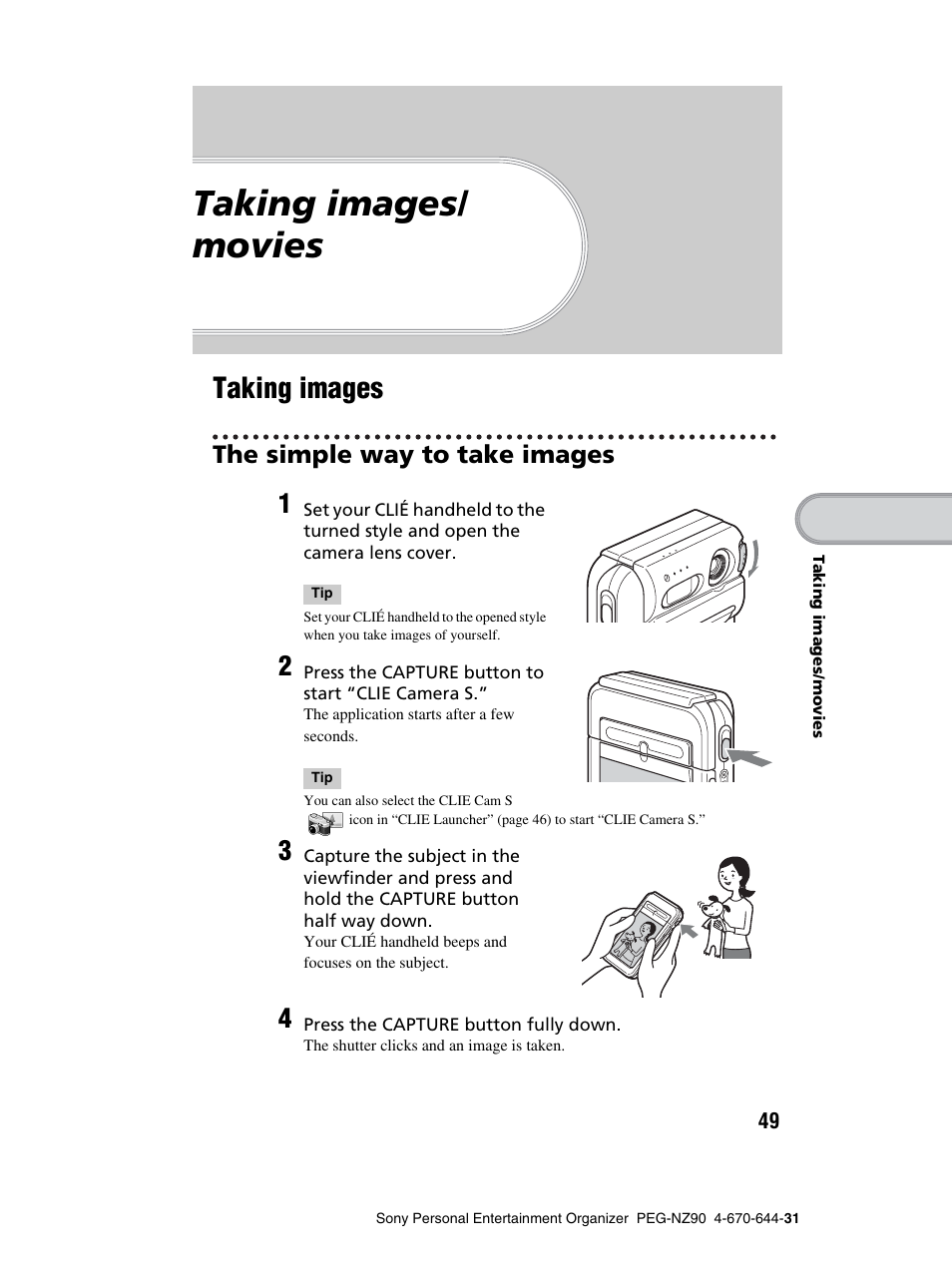 Taking images/ movies, Taking images, The simple way to take images | Taking images/movies | Sony PEG-NZ90 User Manual | Page 49 / 115