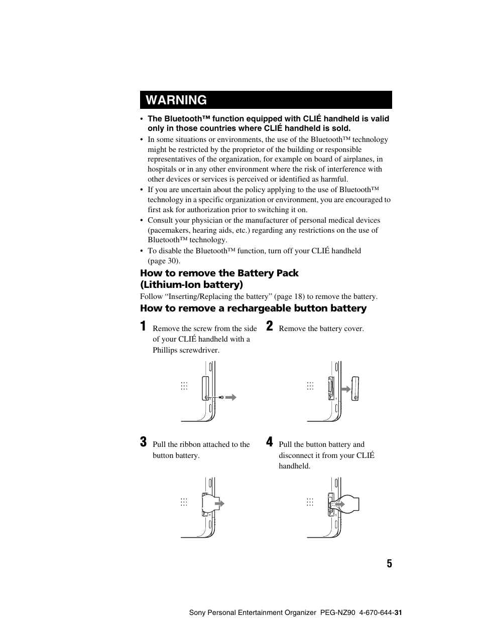 Warning | Sony PEG-NZ90 User Manual | Page 5 / 115