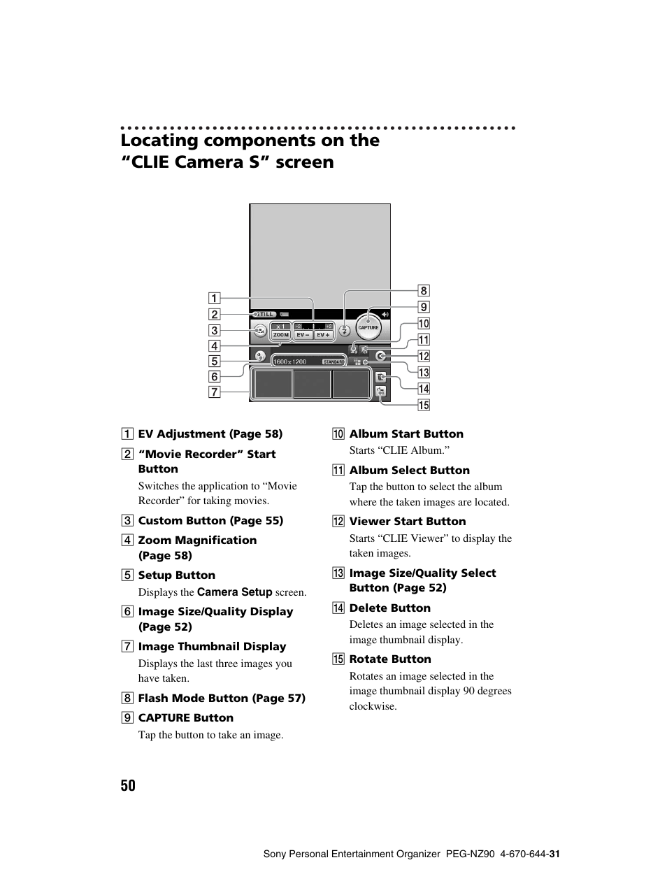 Locating components on the “clie camera s” screen | Sony PEG-NZ90 User Manual | Page 50 / 115