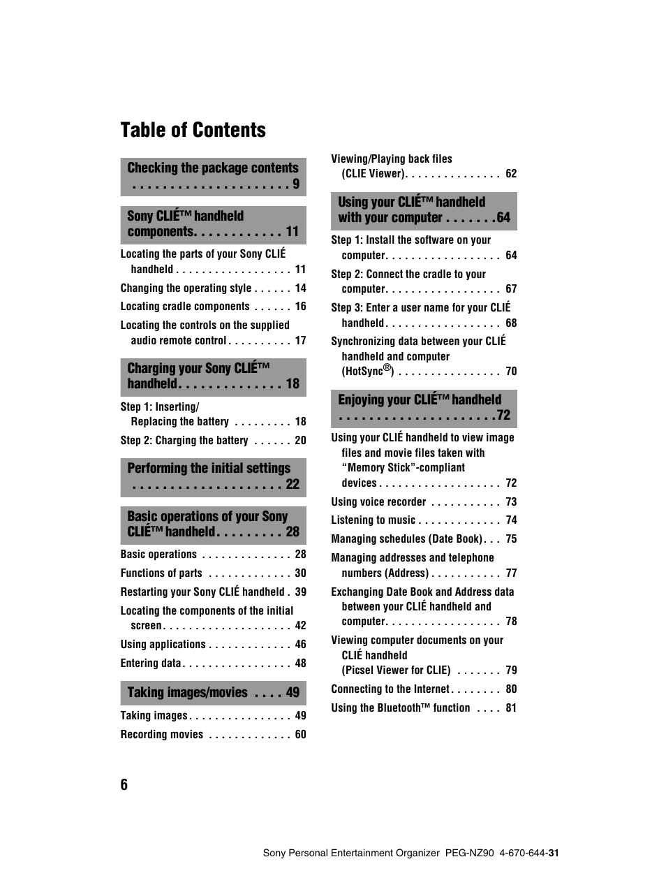 Sony PEG-NZ90 User Manual | Page 6 / 115