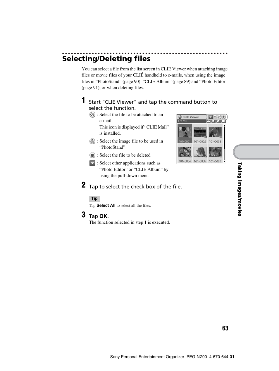 Selecting/deleting files | Sony PEG-NZ90 User Manual | Page 63 / 115