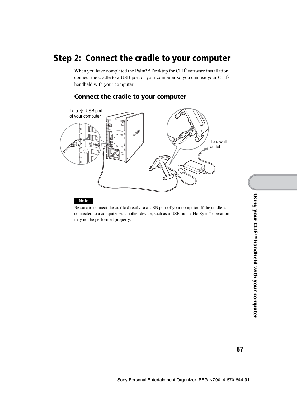 Step 2: connect the cradle to your computer, Step 2: connect the cradle to your, Computer | Sony PEG-NZ90 User Manual | Page 67 / 115