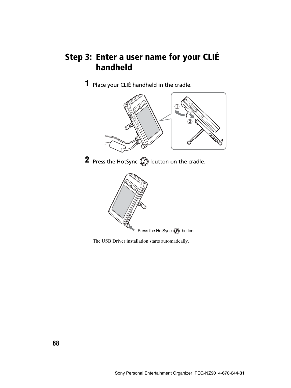 Step 3: enter a user name for your clié handheld, Step 3: enter a user name for your clié, Handheld | Sony PEG-NZ90 User Manual | Page 68 / 115