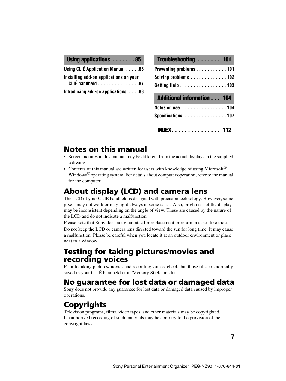 Notes on this manual, About display (lcd) and camera lens, No guarantee for lost data or damaged data | Copyrights | Sony PEG-NZ90 User Manual | Page 7 / 115