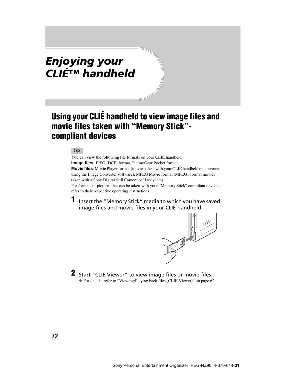 Enjoying your clietm handheld, Enjoying your clié™ handheld, Using your clié handheld to view image | Sony PEG-NZ90 User Manual | Page 72 / 115