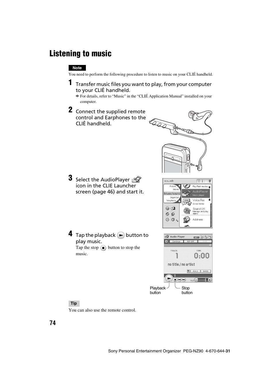 Listening to music | Sony PEG-NZ90 User Manual | Page 74 / 115