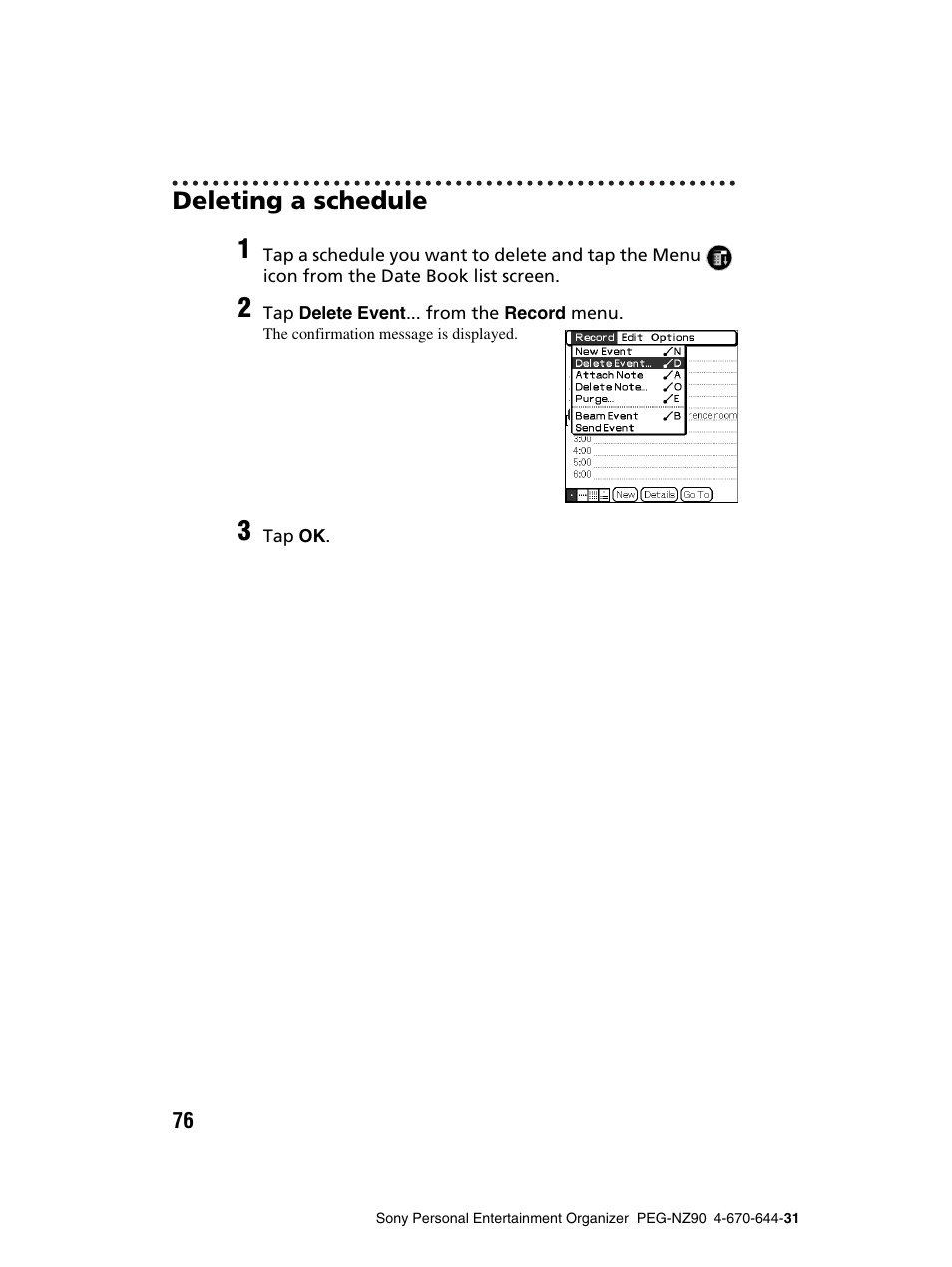 Deleting a schedule | Sony PEG-NZ90 User Manual | Page 76 / 115