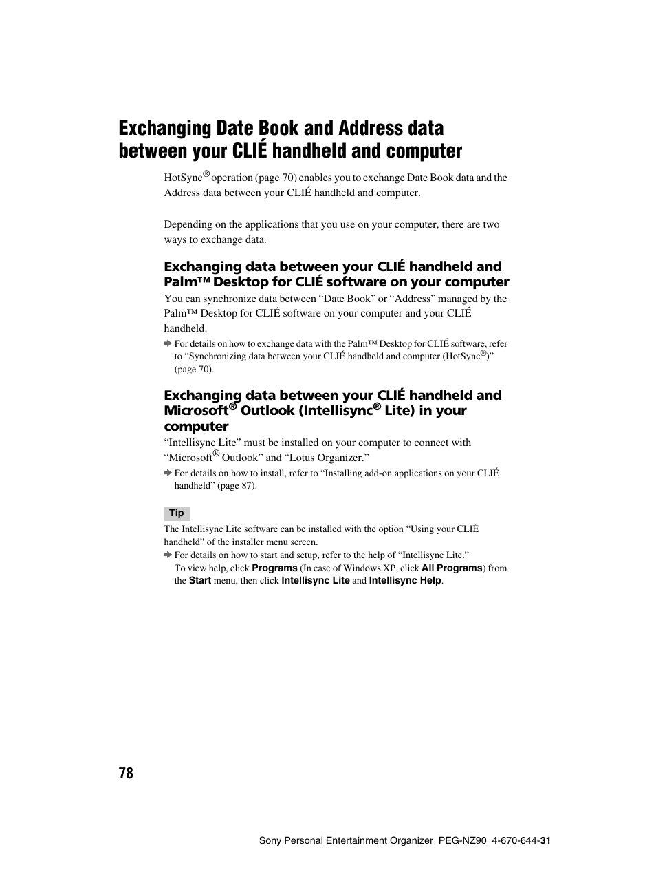 Exchanging date book and address data, Between your clié handheld and computer | Sony PEG-NZ90 User Manual | Page 78 / 115