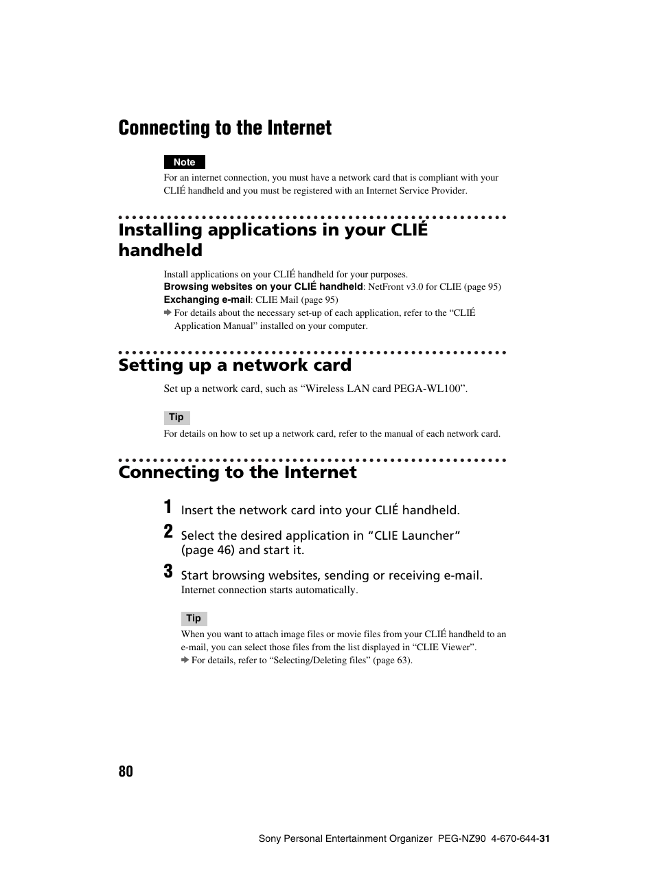 Connecting to the internet, Installing applications in your clié handheld, Setting up a network card | Sony PEG-NZ90 User Manual | Page 80 / 115