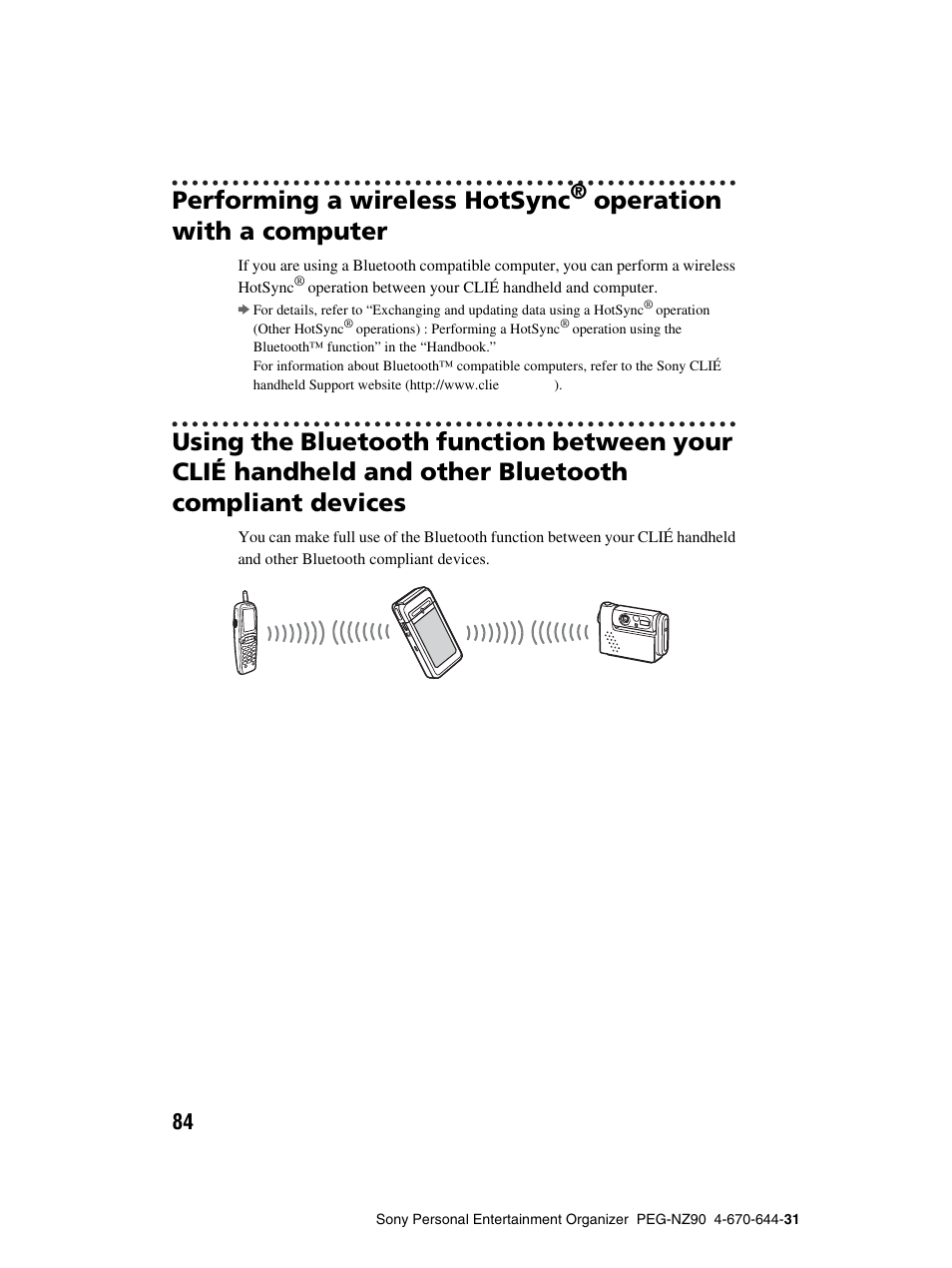 Performing a wireless hotsync, Operation with a computer | Sony PEG-NZ90 User Manual | Page 84 / 115