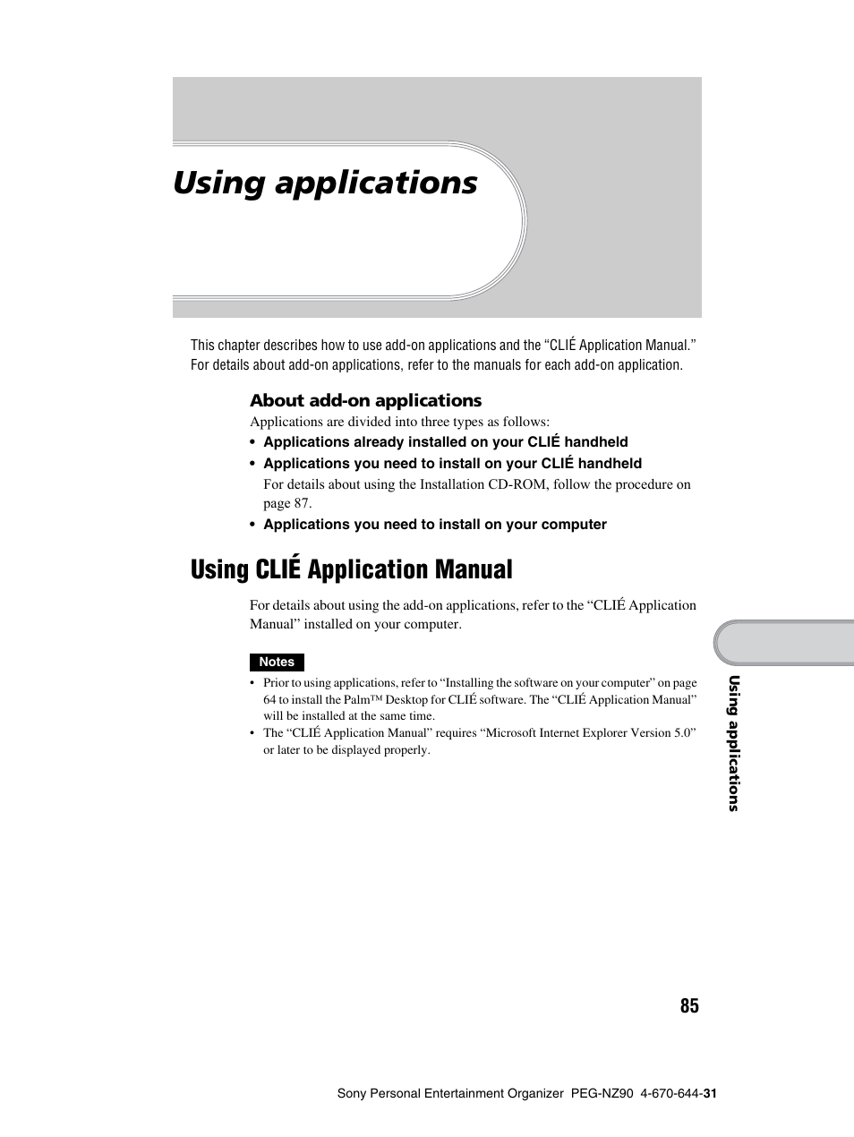 Using applications, Using clié application manual | Sony PEG-NZ90 User Manual | Page 85 / 115