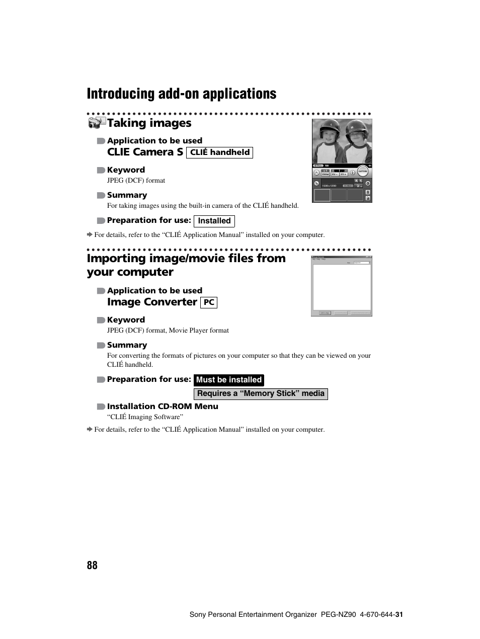 Introducing add-on applications, Taking images, Importing image/movie files from your computer | Clie camera s, Image converter | Sony PEG-NZ90 User Manual | Page 88 / 115