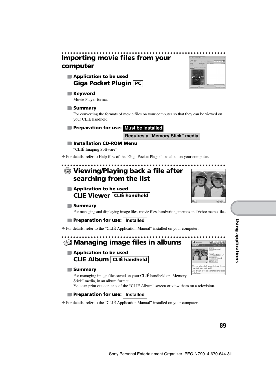 Importing movie files from your computer, Managing image files in albums, Giga pocket plugin | Clie viewer, Clie album | Sony PEG-NZ90 User Manual | Page 89 / 115