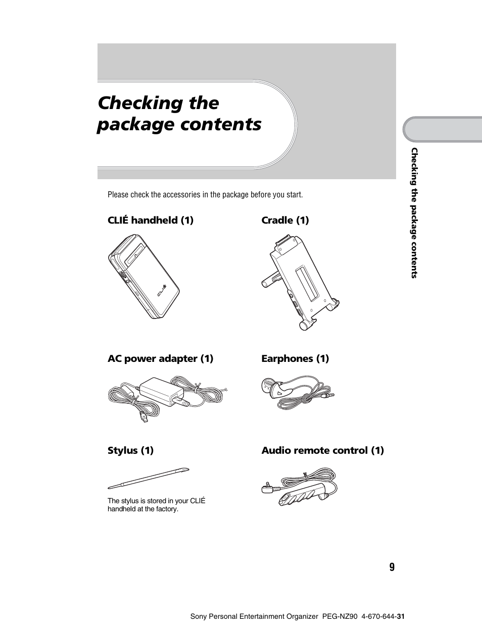 Checking the package contents | Sony PEG-NZ90 User Manual | Page 9 / 115