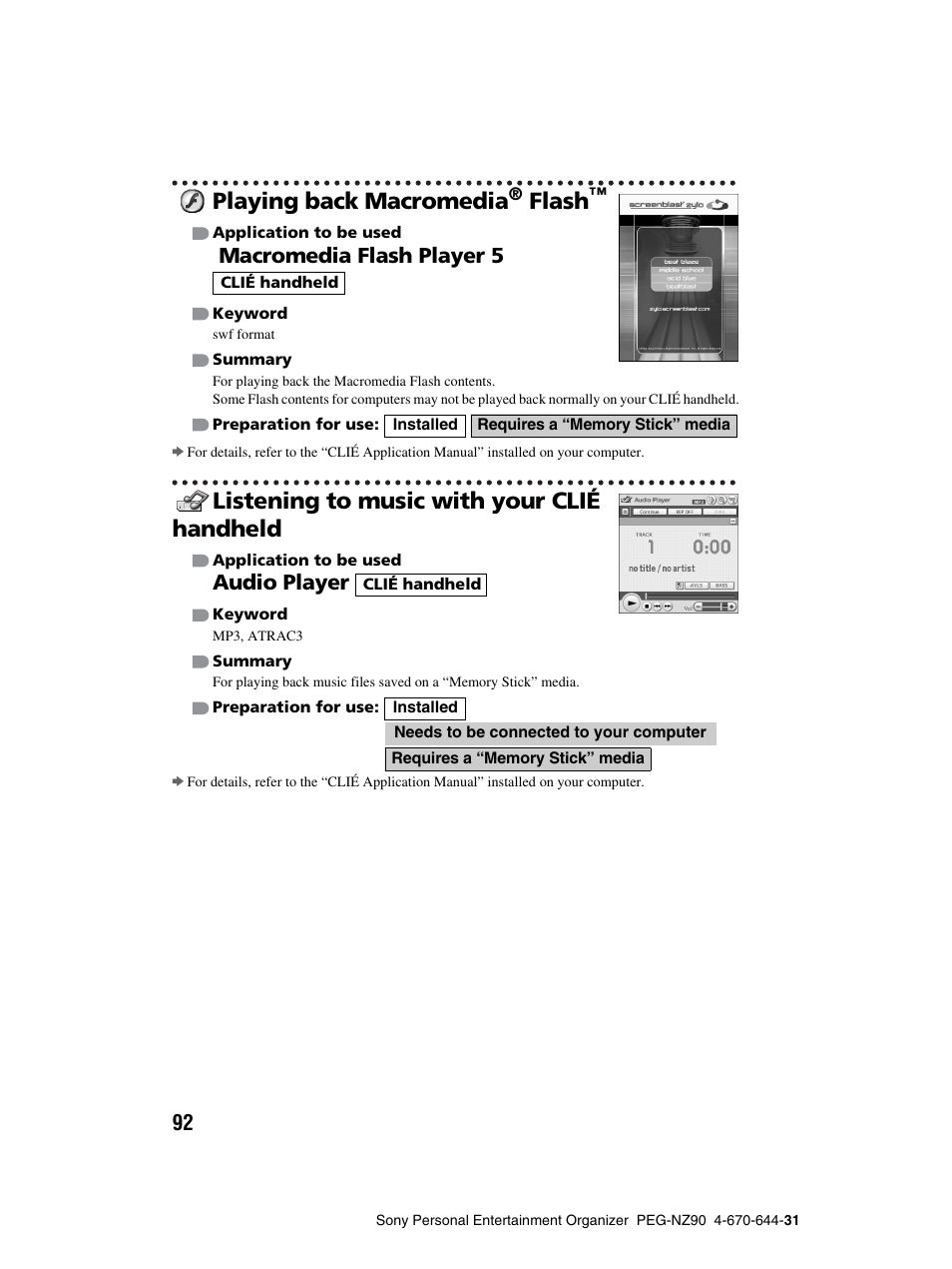 Playing back macromediar flashtm, Listening to music with your clié handheld, Playing back macromedia | Flash, Macromedia flash player 5, Audio player | Sony PEG-NZ90 User Manual | Page 92 / 115