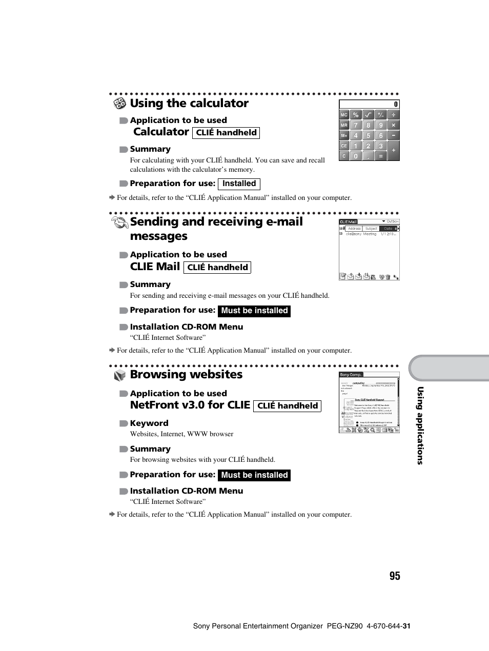 Using the calculator, Sending and receiving e-mail messages, Browsing websites | Calculator, Clie mail, Netfront v3.0 for clie | Sony PEG-NZ90 User Manual | Page 95 / 115