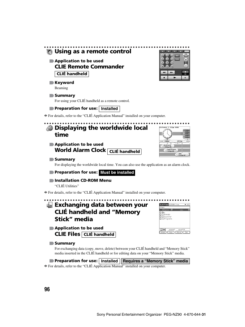 Using as a remote control, Displaying the worldwide local time, Clie remote commander | World alarm clock, Clie files | Sony PEG-NZ90 User Manual | Page 96 / 115