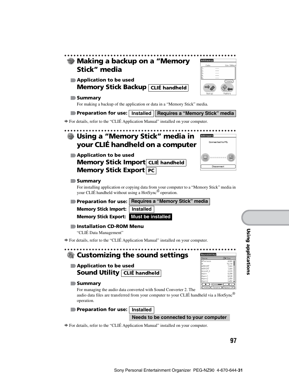 Making a backup on a “memory stick” media, Customizing the sound settings, Sound utility | Sony PEG-NZ90 User Manual | Page 97 / 115