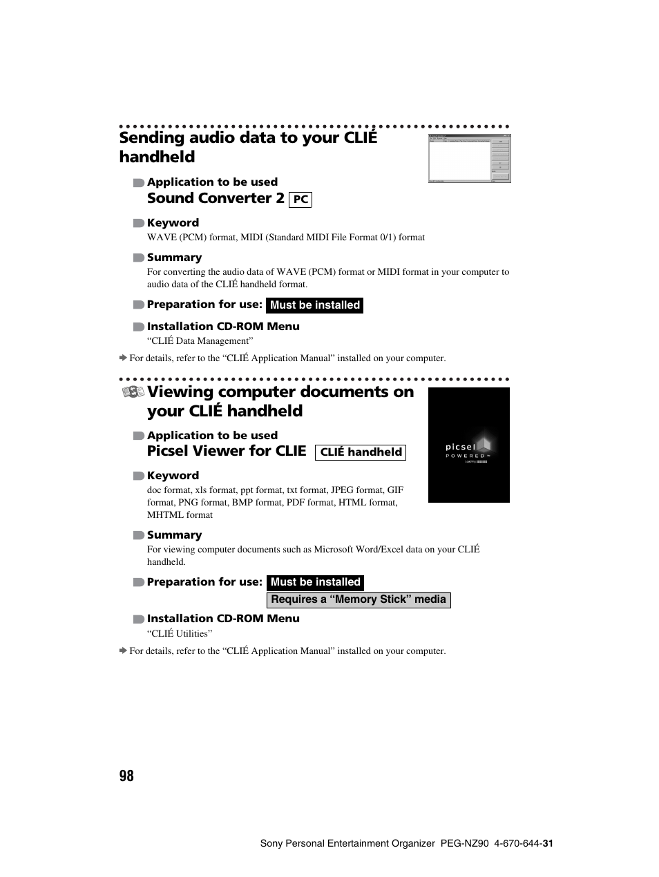 Sending audio data to your clié handheld, Viewing computer documents on your clié handheld, Sound converter 2 | Picsel viewer for clie | Sony PEG-NZ90 User Manual | Page 98 / 115