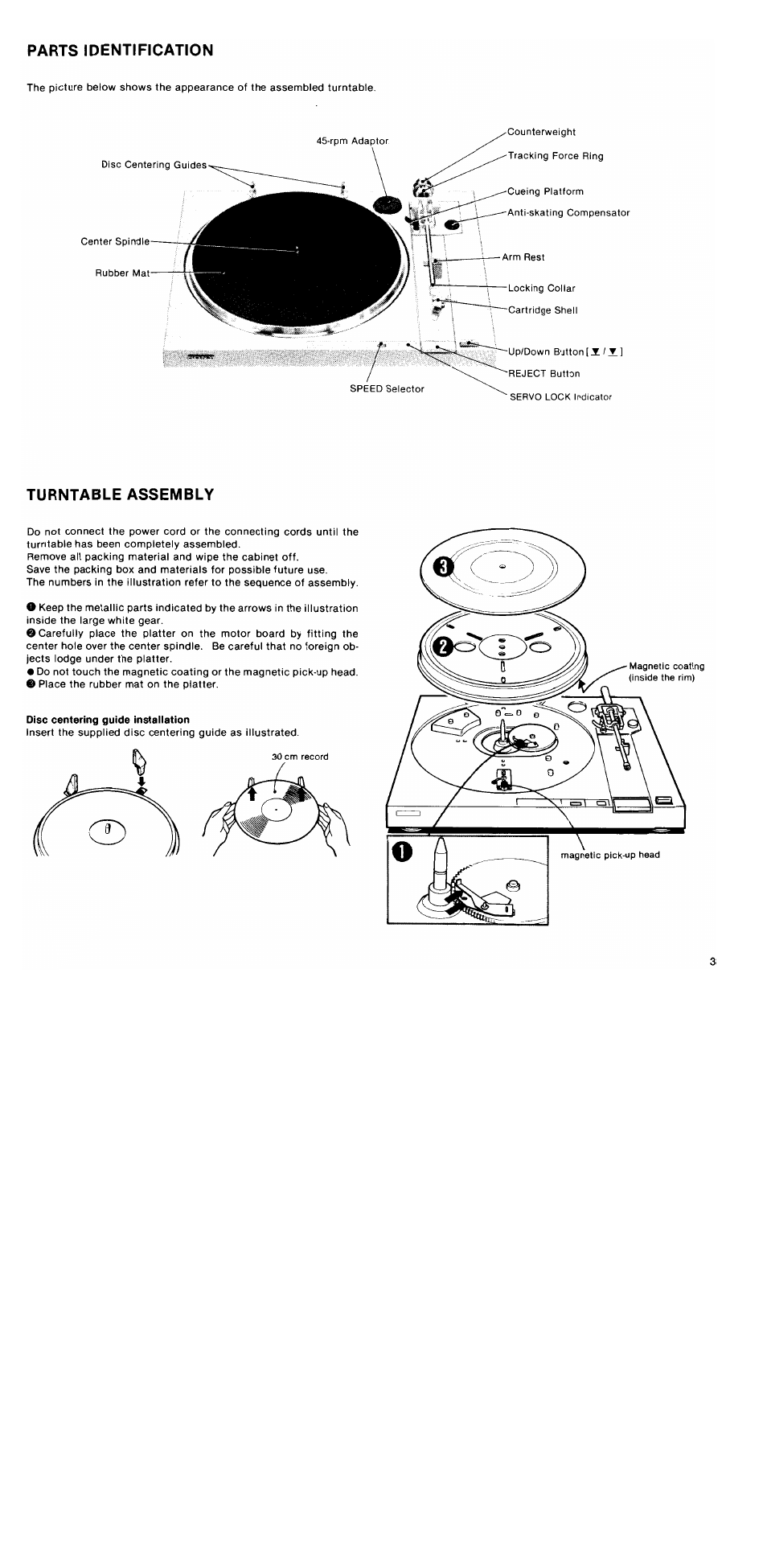 Parts identification, Turntable assembly | Sony PS-LX2 User Manual | Page 3 / 8