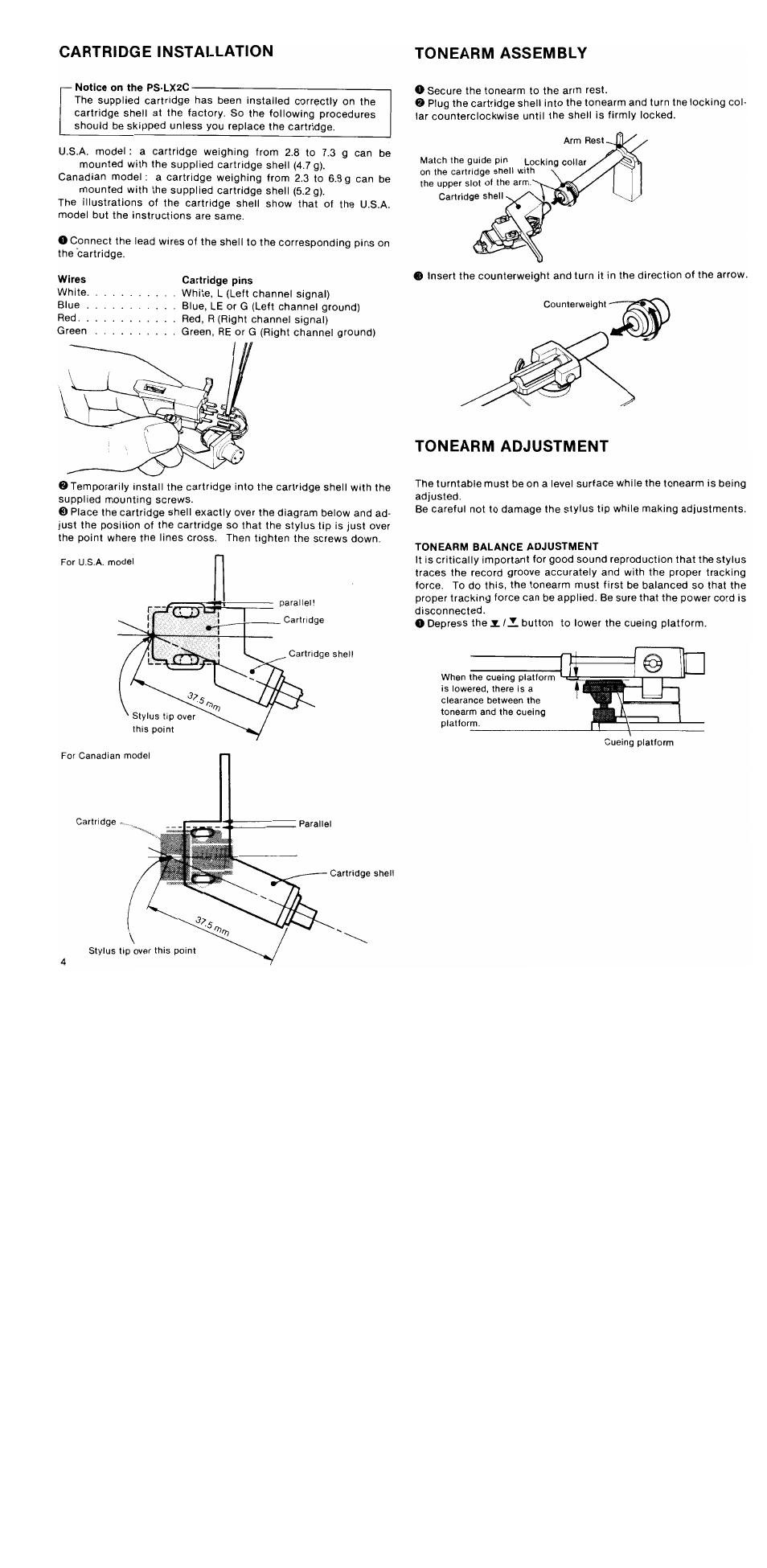 Tonearm adjustment, Cartridge installation tonearm assembly | Sony PS-LX2 User Manual | Page 4 / 8