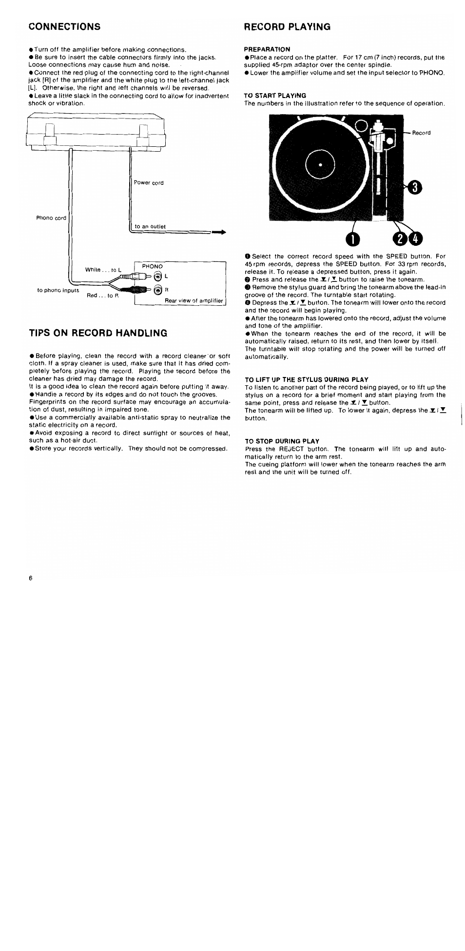 Tips on record handling, Connections record playing | Sony PS-LX2 User Manual | Page 6 / 8