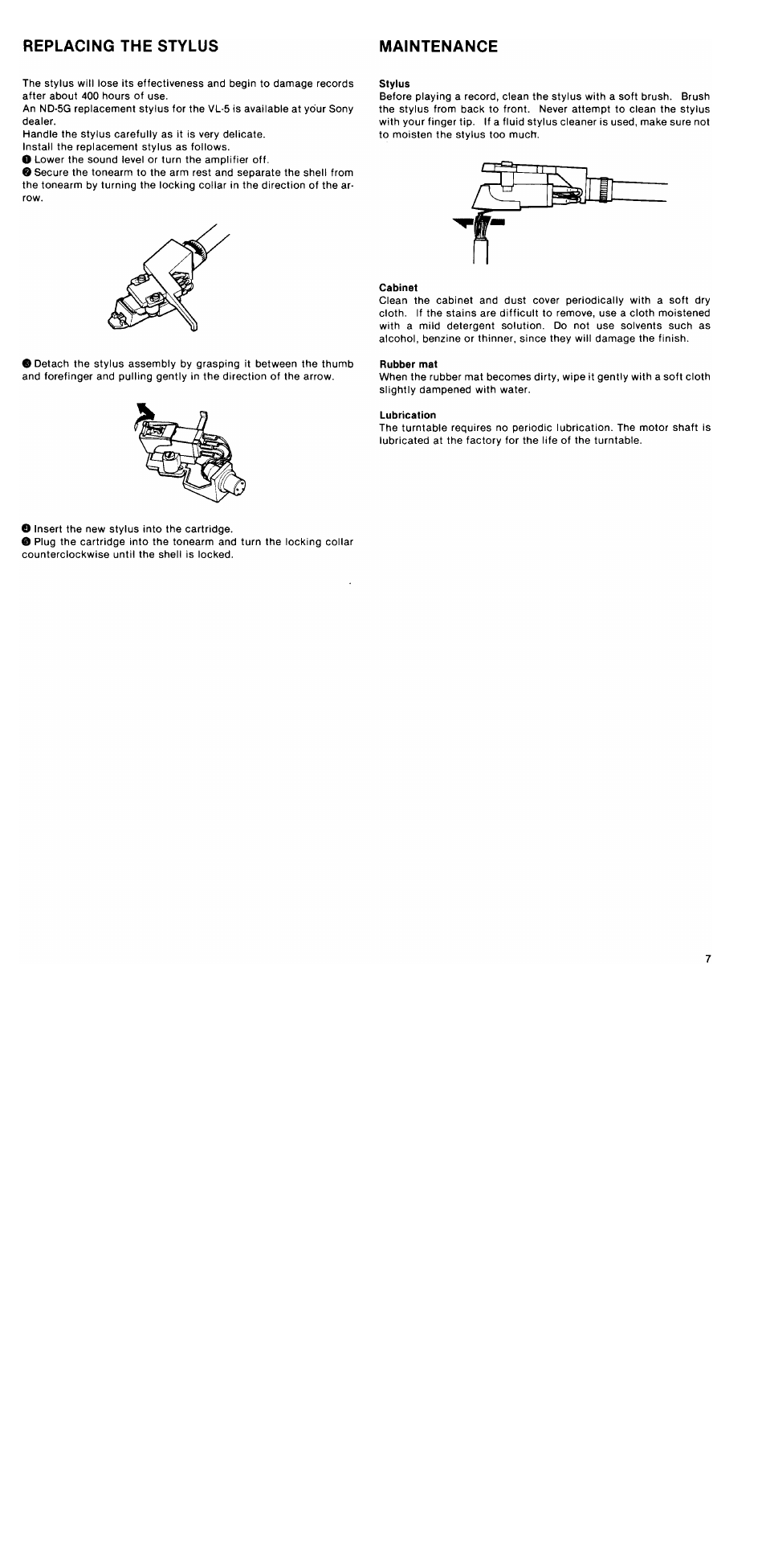 Replacing the stylus maintenance | Sony PS-LX2 User Manual | Page 7 / 8