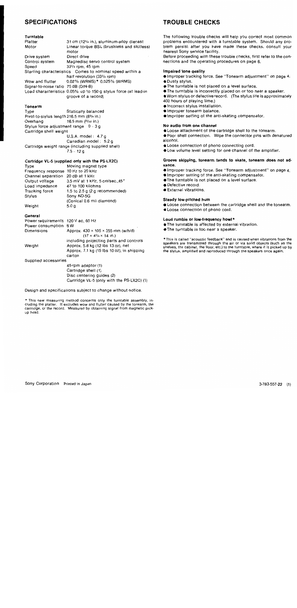 Specifications trouble checks | Sony PS-LX2 User Manual | Page 8 / 8