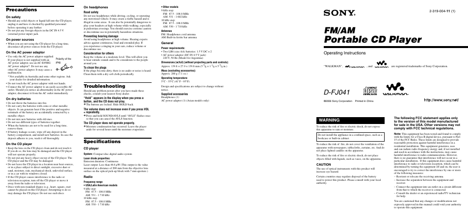 Sony D-FJ041 User Manual | 2 pages