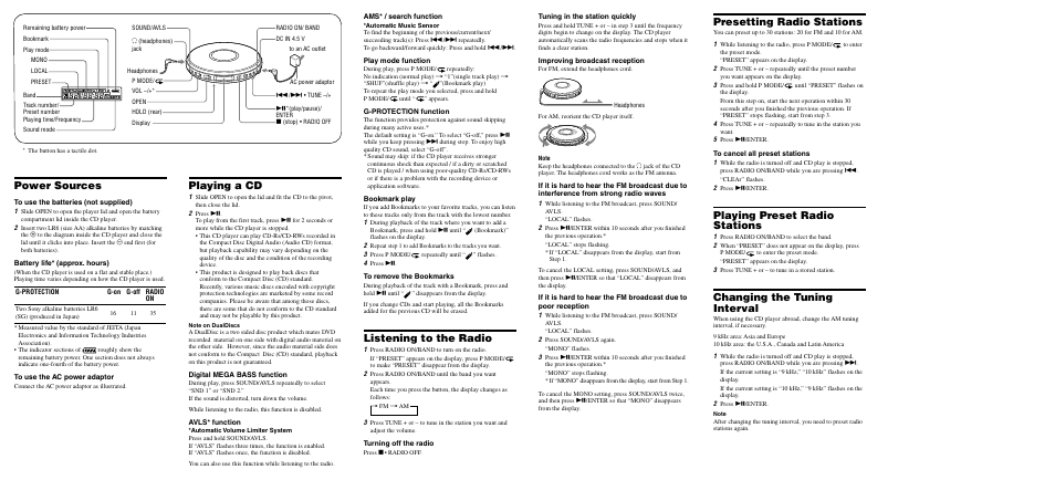 Power sources, Playing a cd, Listening to the radio | Presetting radio stations, Playing preset radio stations, Changing the tuning interval | Sony D-FJ041 User Manual | Page 2 / 2