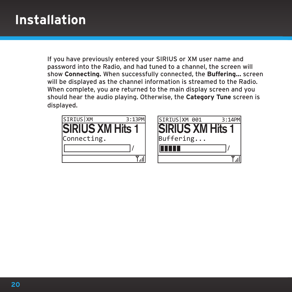 Installation, Sirius xm hits 1 | Sony TTR1 User Manual | Page 20 / 88