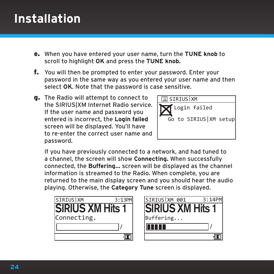 Installation, Sirius xm hits 1 | Sony TTR1 User Manual | Page 24 / 88