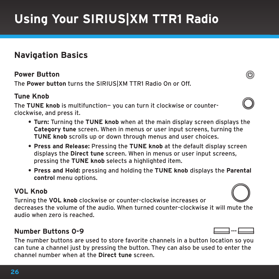 Using your sirius|xm ttr1 radio, Navigation basics | Sony TTR1 User Manual | Page 26 / 88