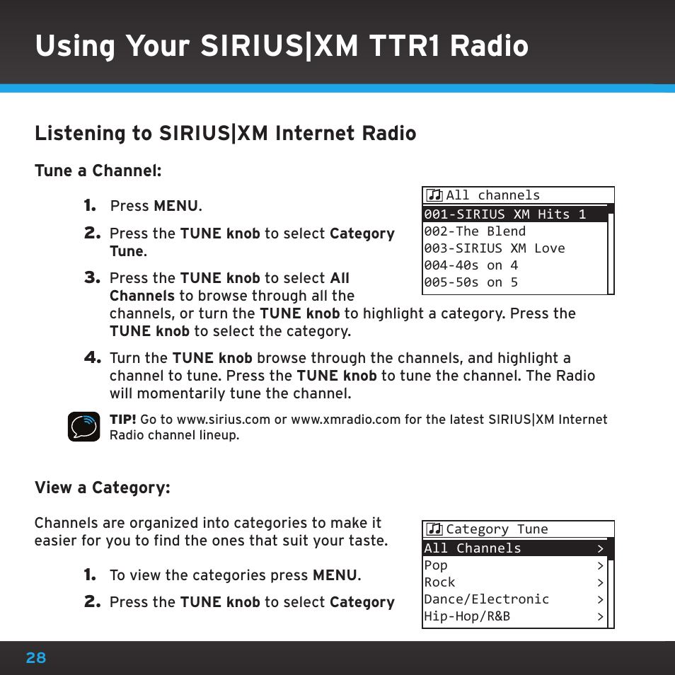 Using your sirius|xm ttr1 radio, Listening to sirius|xm internet radio | Sony TTR1 User Manual | Page 28 / 88