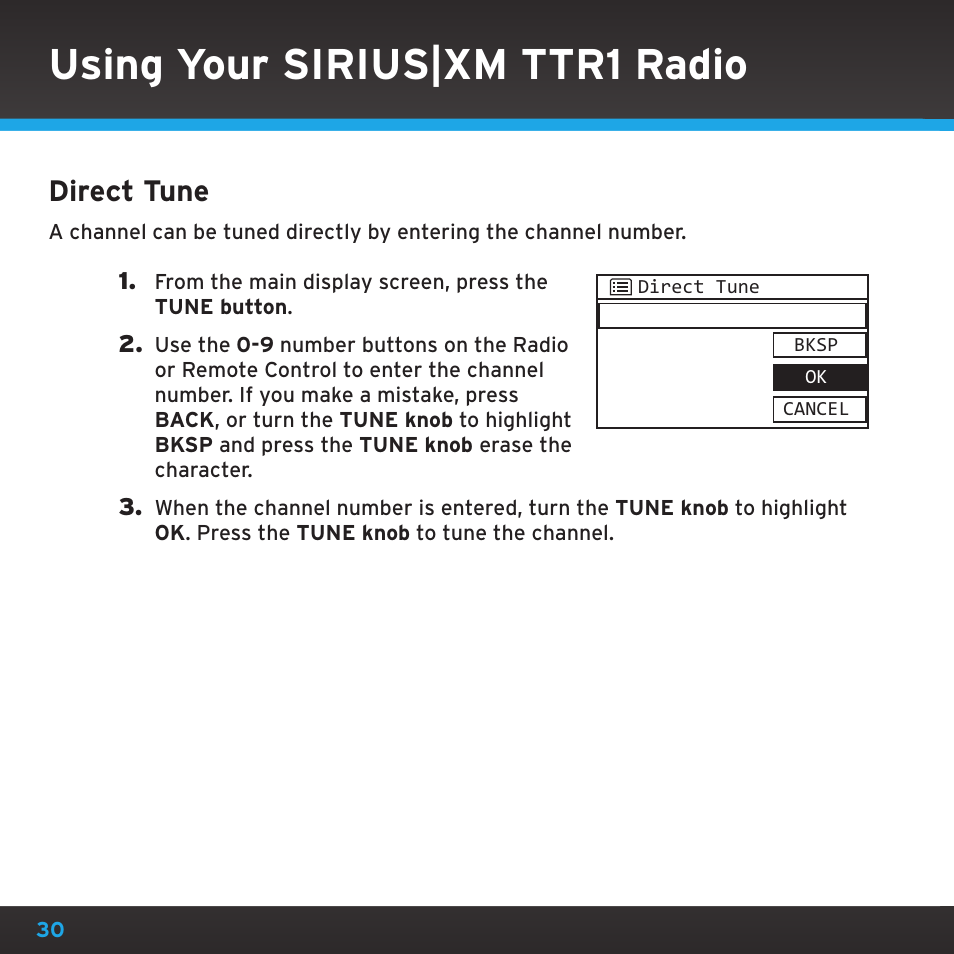 Using your sirius|xm ttr1 radio, Direct tune | Sony TTR1 User Manual | Page 30 / 88