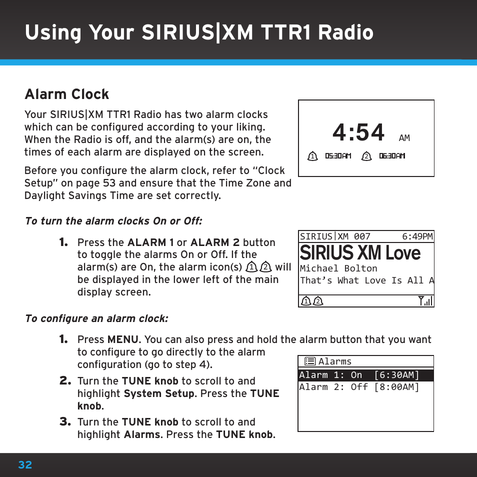 Using your sirius|xm ttr1 radio, Sirius xm love, Alarm clock | Sony TTR1 User Manual | Page 32 / 88