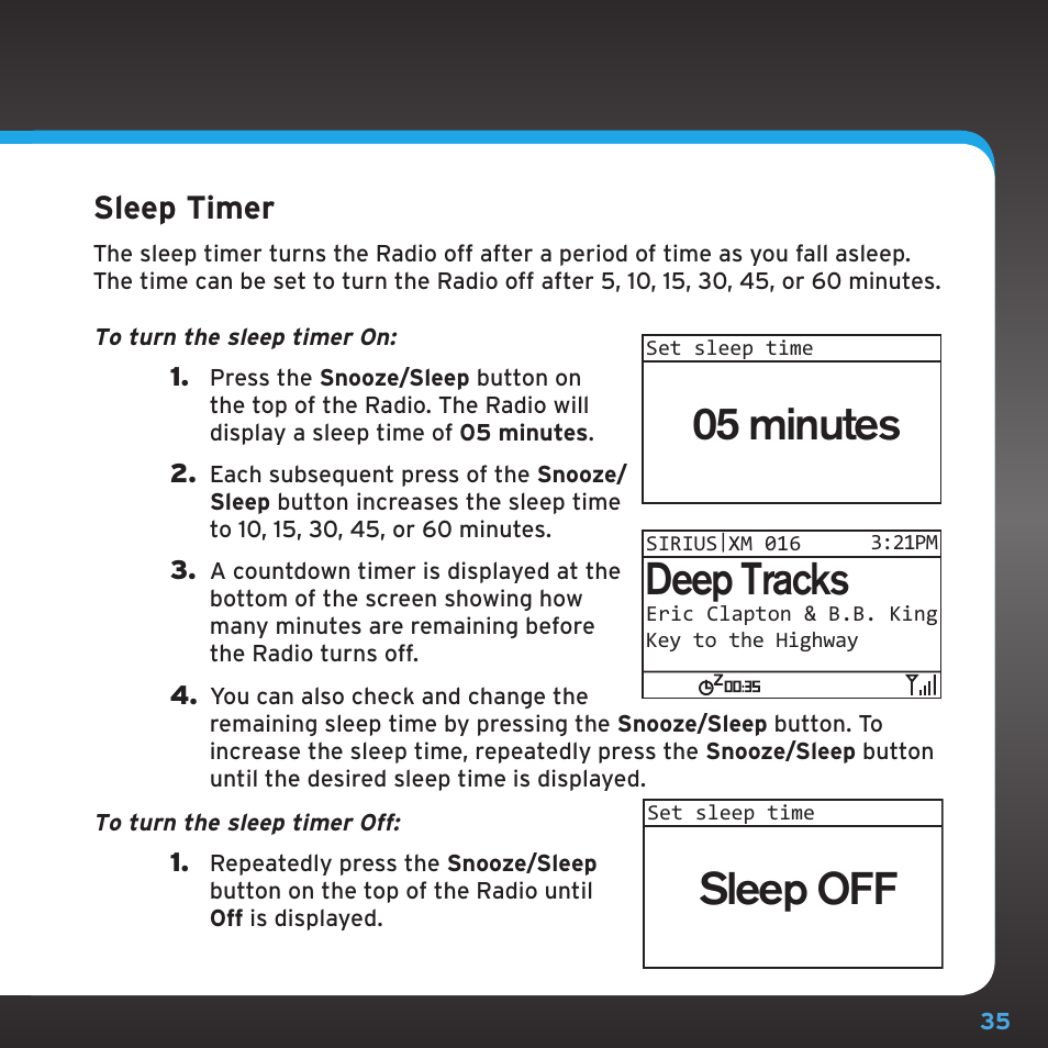 05 minutes, Deep tracks, Sleep off | Sleep timer | Sony TTR1 User Manual | Page 35 / 88