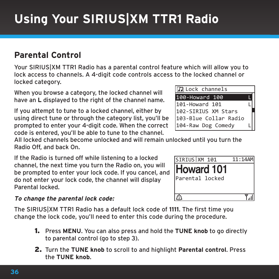 Using your sirius|xm ttr1 radio, Howard 101, Parental control | Sony TTR1 User Manual | Page 36 / 88