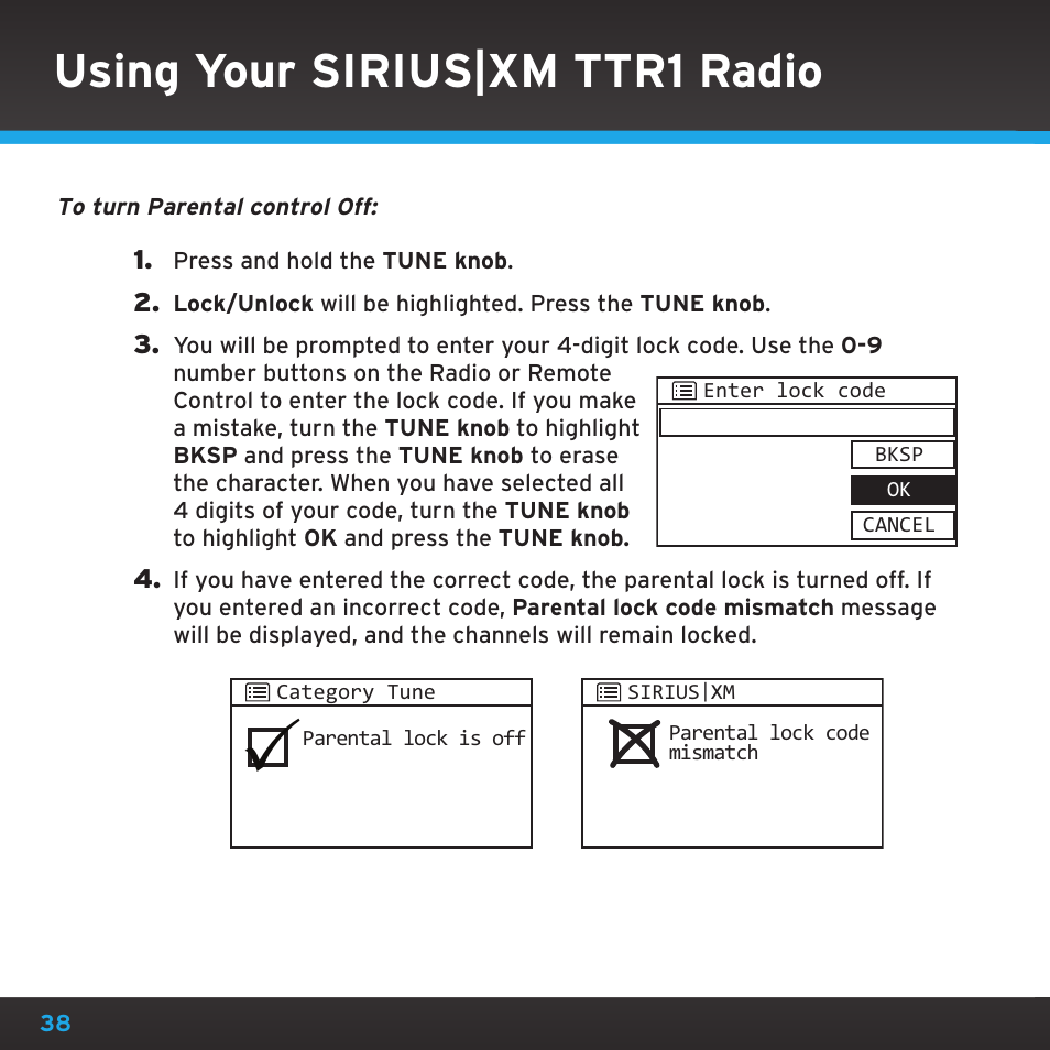 Using your sirius|xm ttr1 radio | Sony TTR1 User Manual | Page 38 / 88