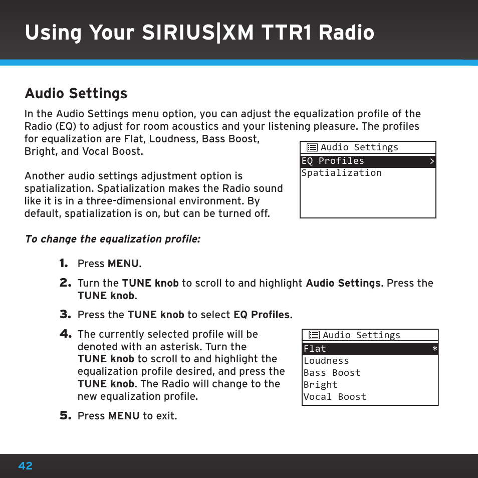 Using your sirius|xm ttr1 radio, Audio settings | Sony TTR1 User Manual | Page 42 / 88