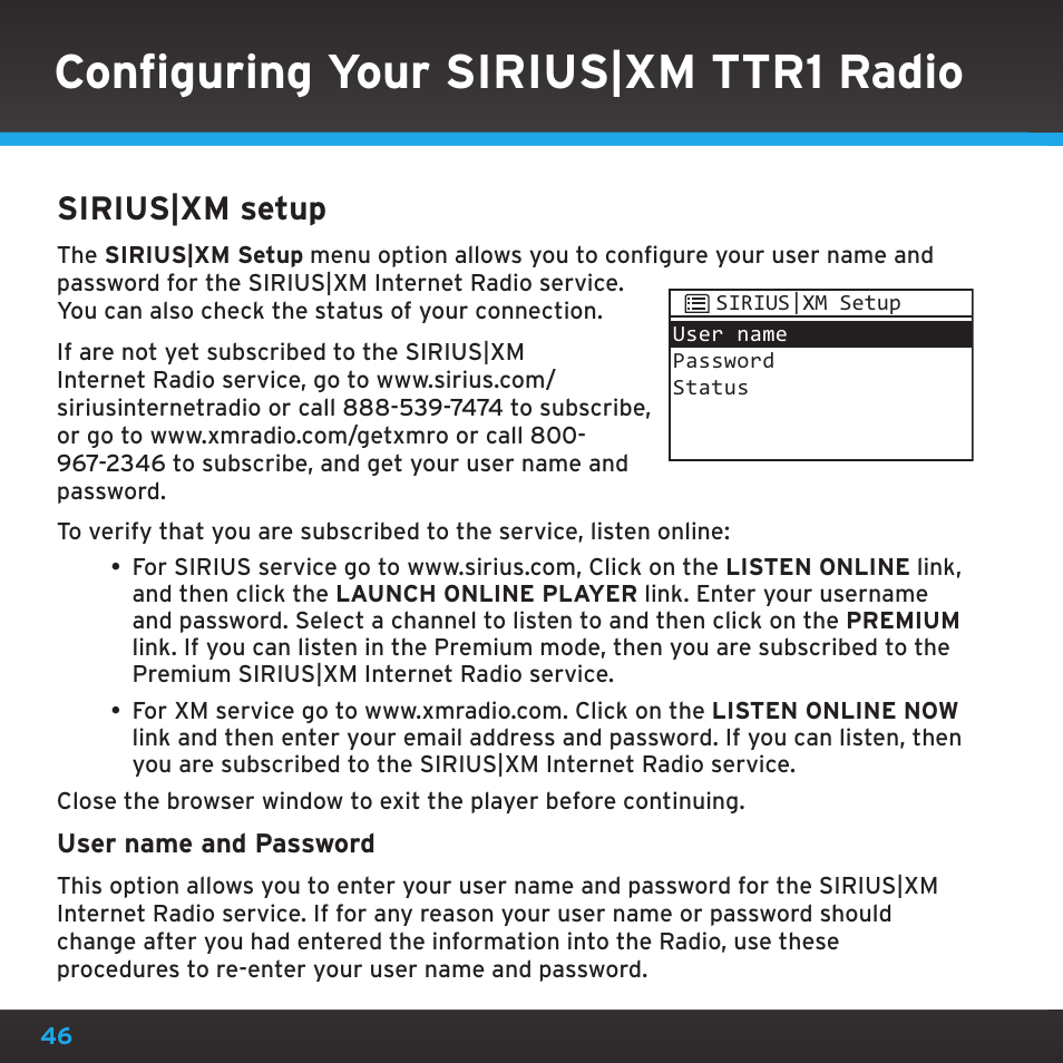 Configuring your sirius|xm ttr1 radio, Sirius|xm setup | Sony TTR1 User Manual | Page 46 / 88