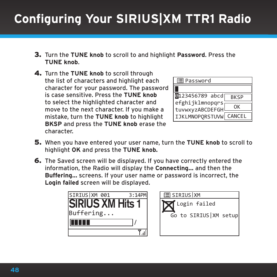 Configuring your sirius|xm ttr1 radio, Sirius xm hits 1 | Sony TTR1 User Manual | Page 48 / 88