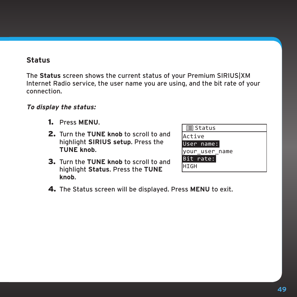 Configuring your sirius|xm ttr1 radio | Sony TTR1 User Manual | Page 49 / 88