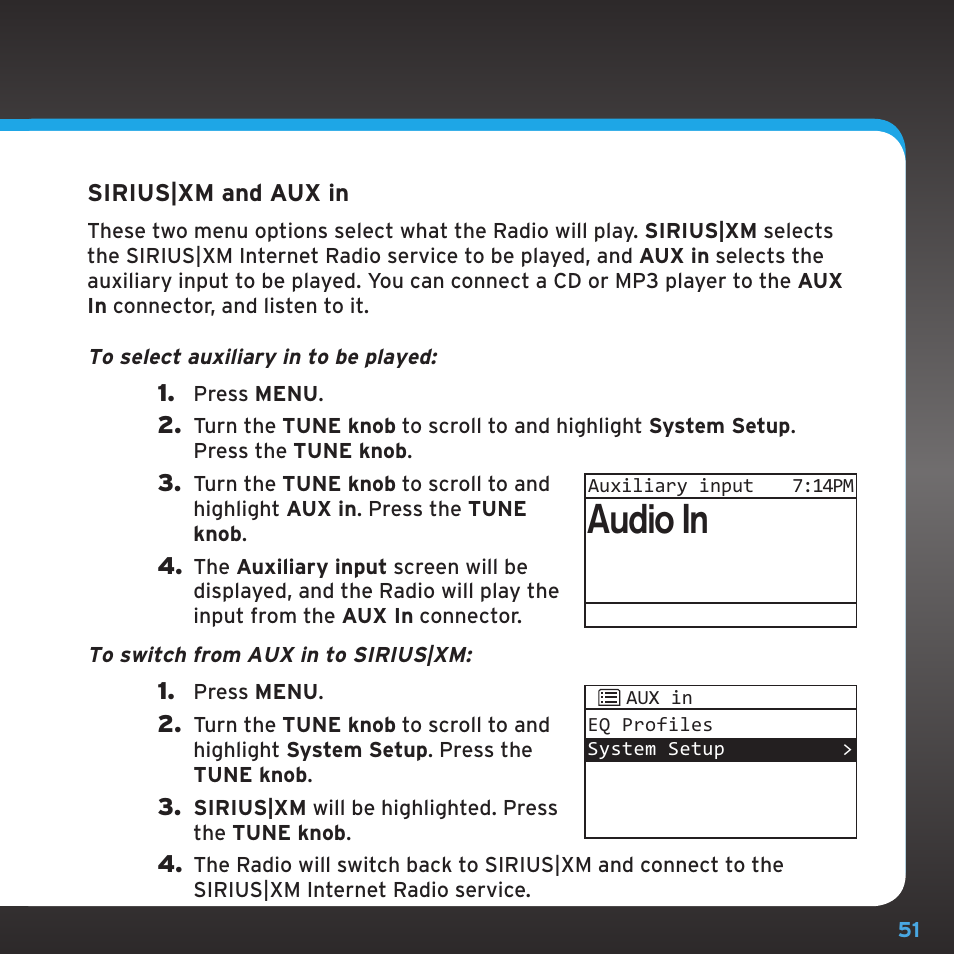 Configuring your sirius|xm ttr1 radio, Audio in | Sony TTR1 User Manual | Page 51 / 88